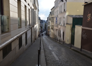 Steep cobbled streets at Montmartre, where painters such as Monet, Dali, Picasso, and Van Gogh had worked 